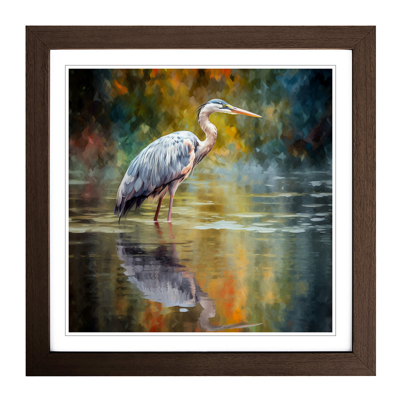 Heron Impressionism - Single Picture Frame Print on Wood, Walnut