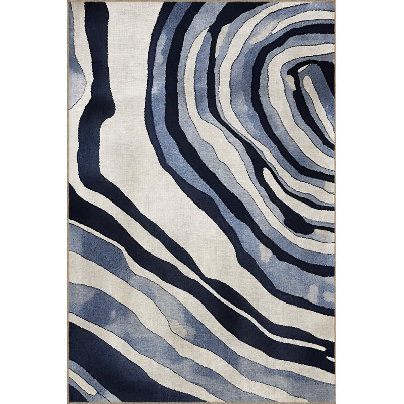 Tapis décoratif moderne à motif abstrait spirale bleu-beige, Rectangle 3 pi 11,24 po x 5 pi 10,87 po