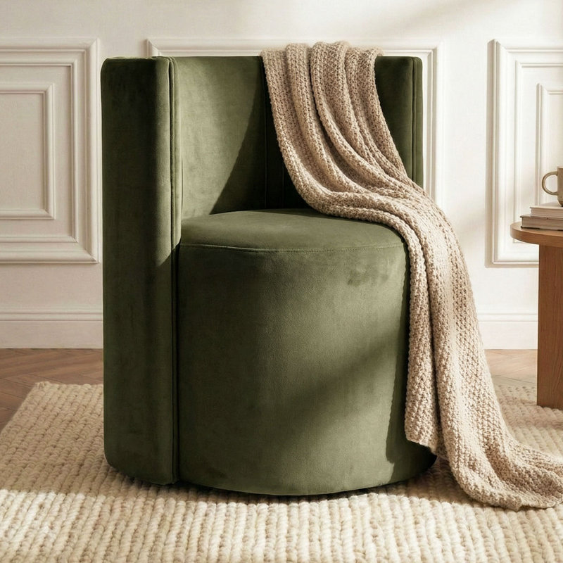 Fauteuil d'appoint demi-tonneau en velours avec roulettes, Vert