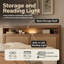 Wood Platform Bed Frame with Rattan Headboard, Storage Shelf and Built-In LED Reading Lights-2048183358