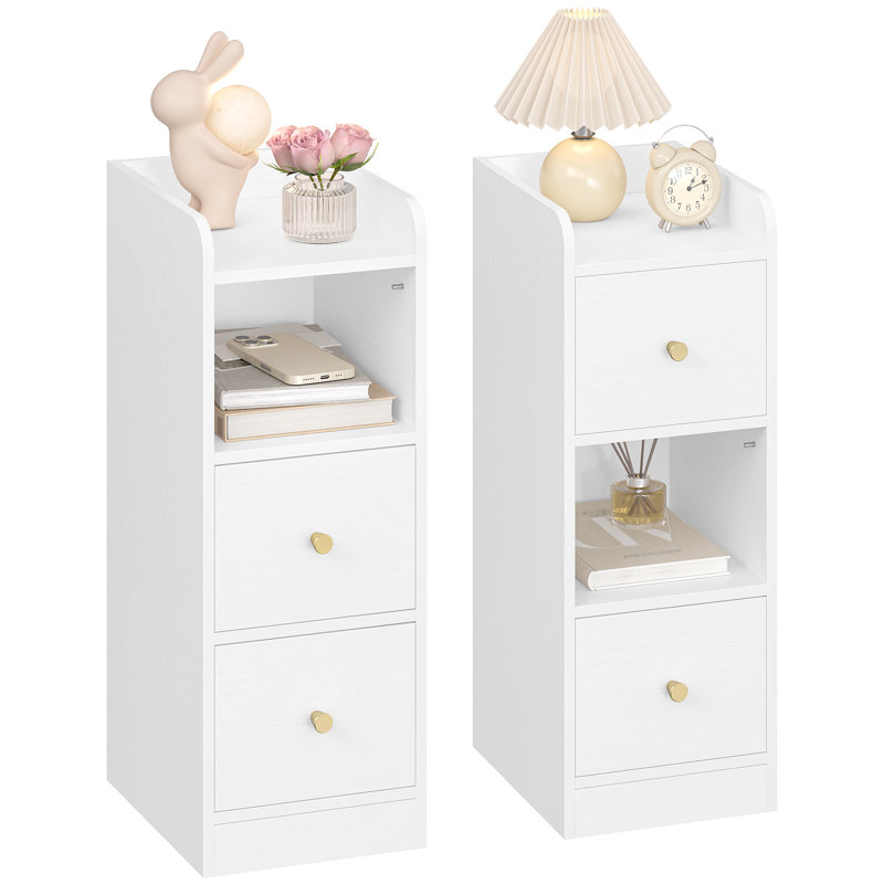 Slim Bedside Tables Set of 2, Narrow Side Table with 2 Drawers, Bedside Cabinet with Open Compartment, Adjustable Drawer Position for Bedroom, Living Room, 30 x 24 x 65 cm 