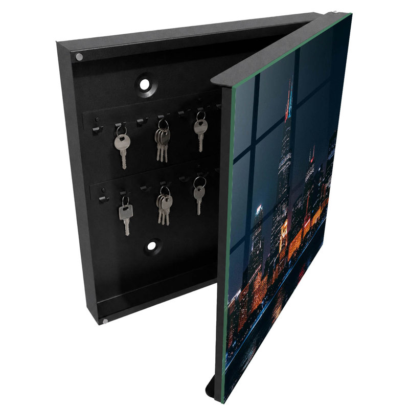 Key box for wall, Opens to the right, 30x30x5, White, Night panorama of the city full of lights, 