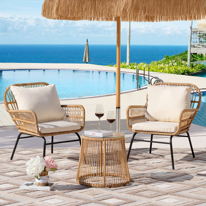 Ensemble de conversation pour terrasse avec coussins et table en osier naturel 2 personnes Boho Alfhild, Beige / Beige