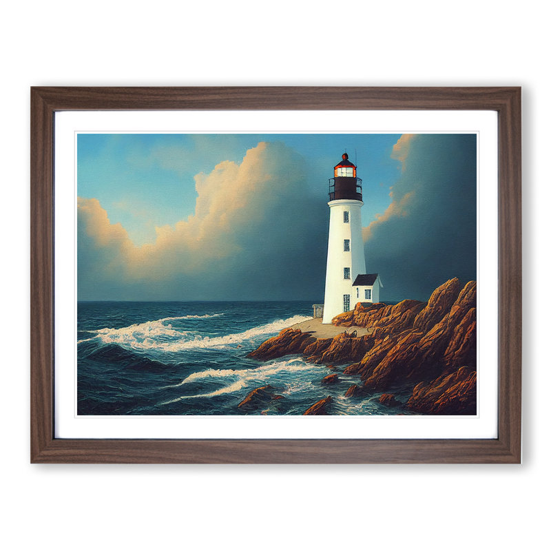 XH1022-9371X Unbeatable Lighthouse Seascape - Single Picture Frame Print, 25cm H x 34cm W x 2cm D, Walnut Framed