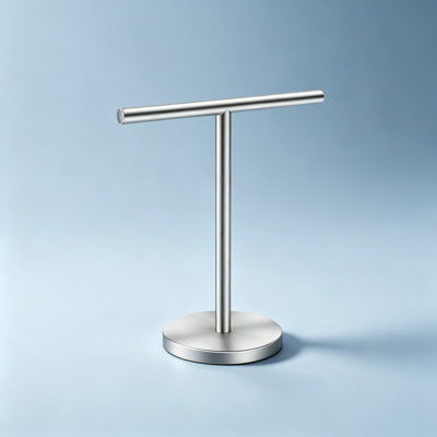 Porte-serviettes sur pied avec base lestée, en acier inoxydable antirouille, pour salle de bain, à poser sur un comptoir ou à fixer au mur. Design ouvert en forme de T, couleur argent.