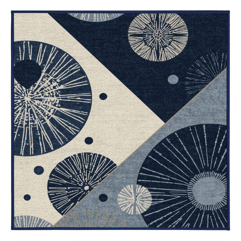Soft Plush Adlai Global Inspired Block Print Area Rug in Gray – Navy Binding, 8' Square