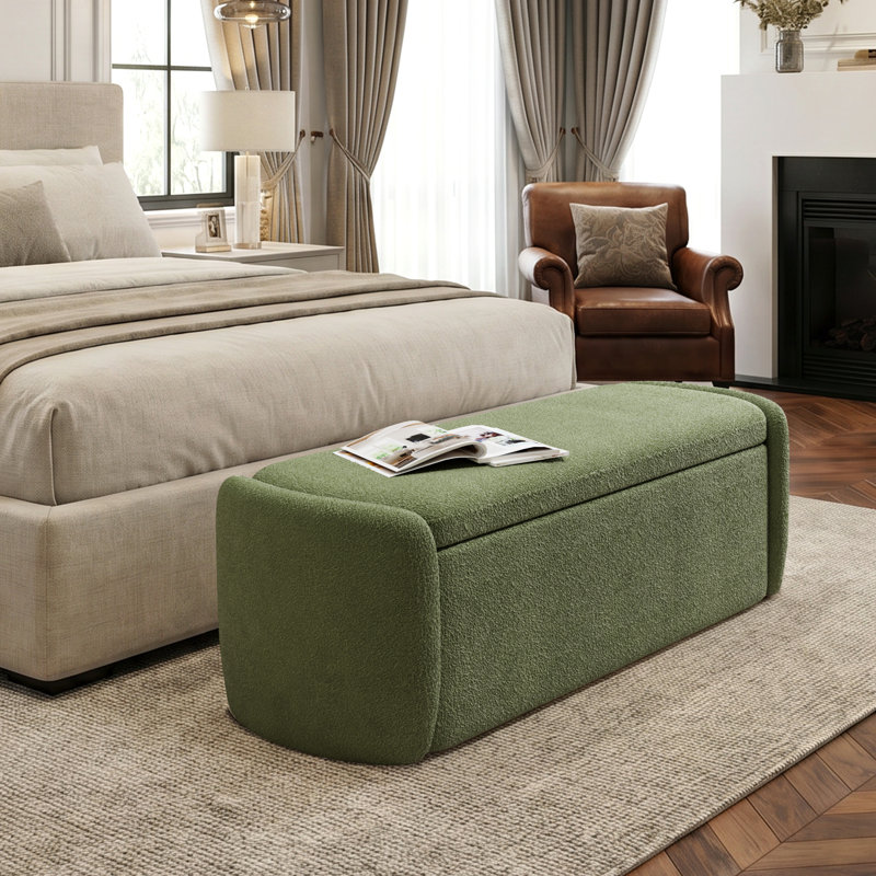 51.4" Enlarged Plush Teddy Chenille Upholstered Storage Ottoman Bench, No Assembly Required, Green