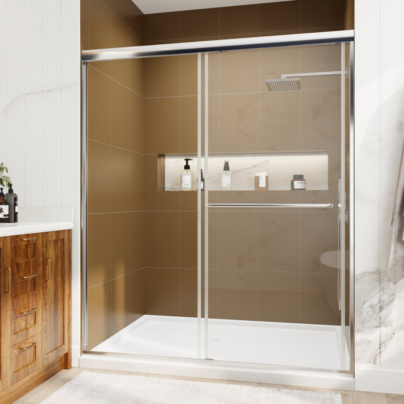 Porte de douche coulissante de demi-cadre avec verre transparent l 60 po x H 70 po, Chrome chrome