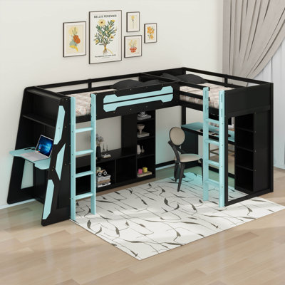 Structure de lit de jeu en L pour lit simple en bois avec lumières DEL RVB, ports USB, meuble télé, disposition réversible