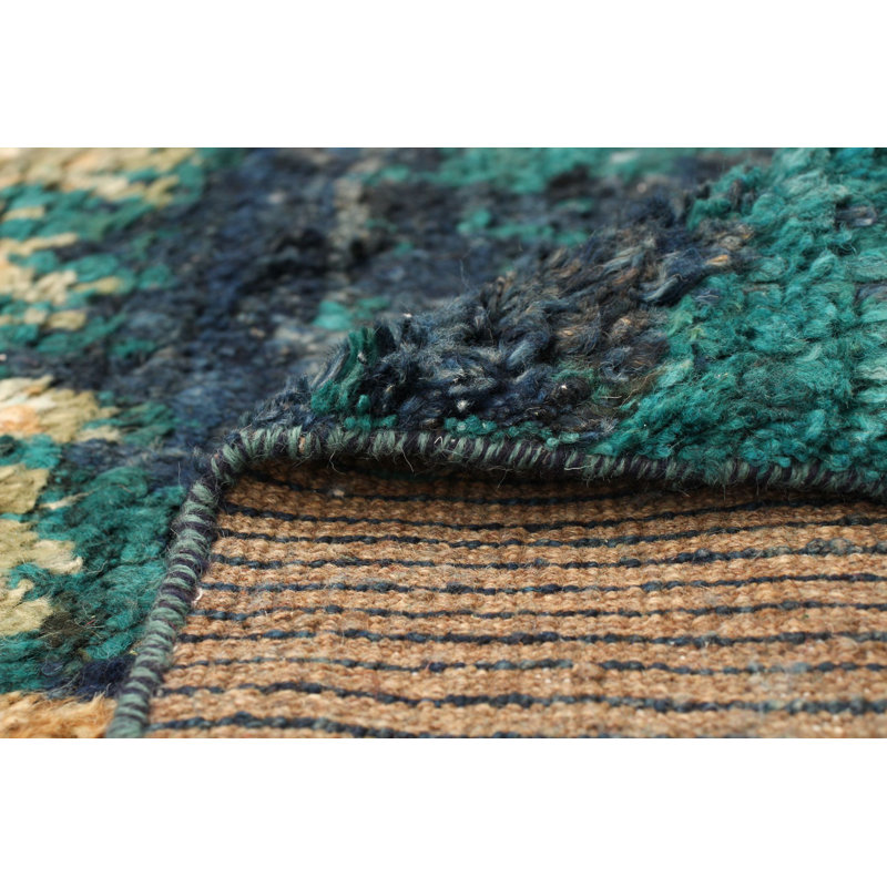 Tapis décoratif bleu sarcelle en laine noué à la main de conception unique 6 pi 5 po X 9 pi 6 po noué à la main New Age