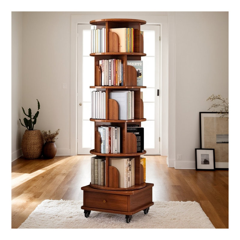 Rotating Bookshelf, 360 Display Corner Bookshelf for Small Space, 6 Tier Bookcase Storage Rack with Wheels, Wood Narrow Organizer for Bedroom, Living Room, Study Room, Walnut Brown,Shelves,Bookcase