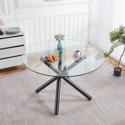 Table de salle à manger ronde avec pieds en métal et verre trempé, table de cuisine moderne pour le salon