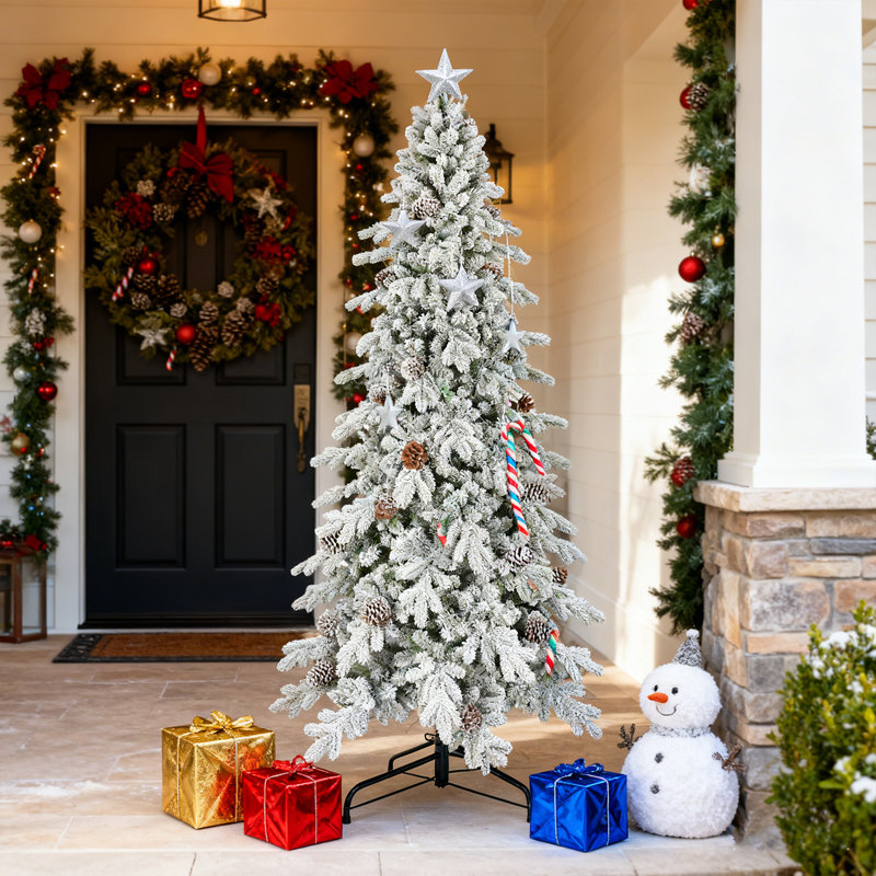 Arbre de Noël 7,5 pi en PVC / PVC floqué avec pommes de pin naturelles, branches articulées, support en métal stable, aspect enneigé réaliste