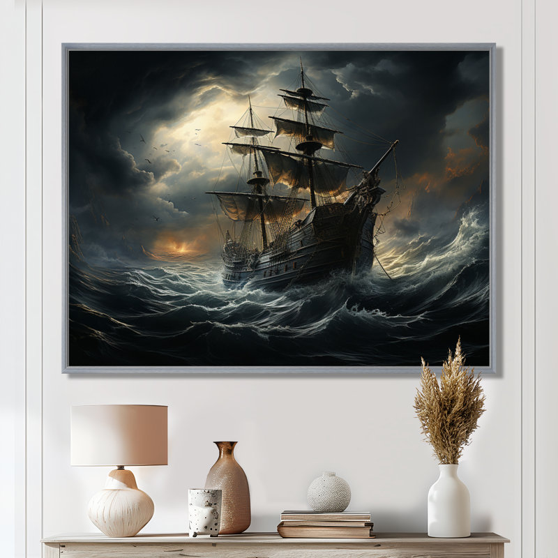 Pirate Ship At Stormy Seas - Art mural encadré pirate, H 30 po x l 40 po x P 1,5 po, Encadrement argenté