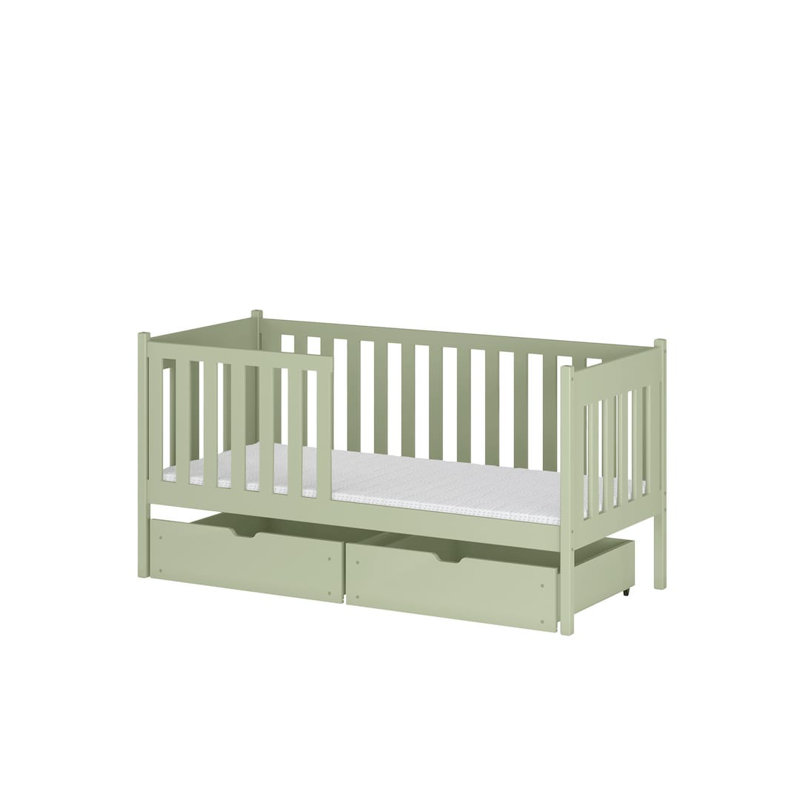 Wooden Single Bed with Storage 90x190cm - Safe Guardrail & Double Drawers, Olive