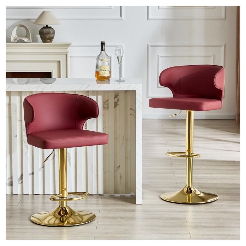 Ensemble de 2 tabourets de bar pivotants et réglables modernes, en cuir PU avec dossier haut et base en métal doré, pour îlot de cuisine et salle à manger, rouge.