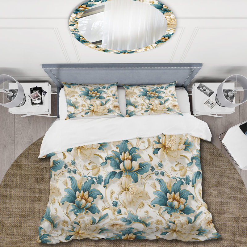 Victorian Blue And White Flowers Damask - Ensemble de housse de couette damassé