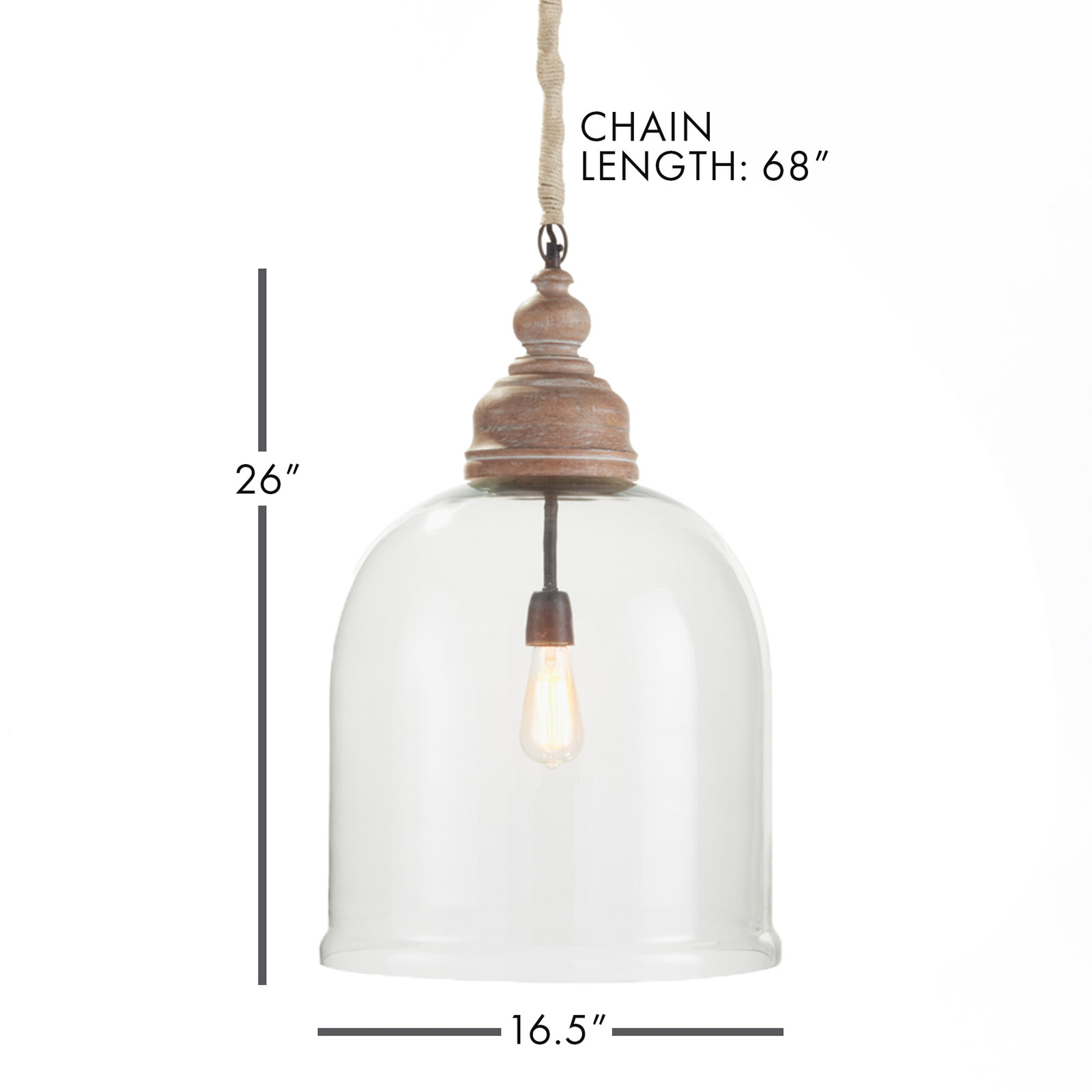 Bridgit Single Light Glass Wood Pendant, 94" H x 16.5" W x 16.5" D