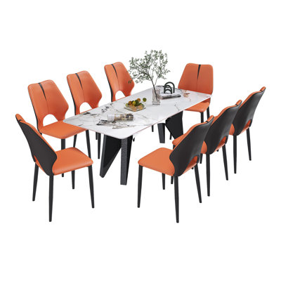 Table de salle à manger pour 6 à 8 personnes, table de salle à manger de luxe moderne de 79 po pour la cuisine, table rectangulaire avec base de cheval en acier inoxydable pour 6 à 8 personnes avec 8 chaises