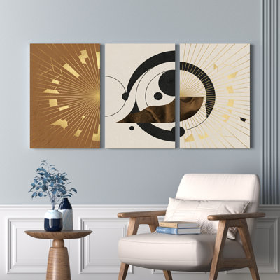 Ensemble de 3 tableaux géométriques abstraits d'or et de noir sur toile tendue
