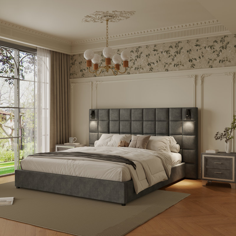 Upholstered Bed With Led-illuminated Headboard & Built-in Usb Ports, California King