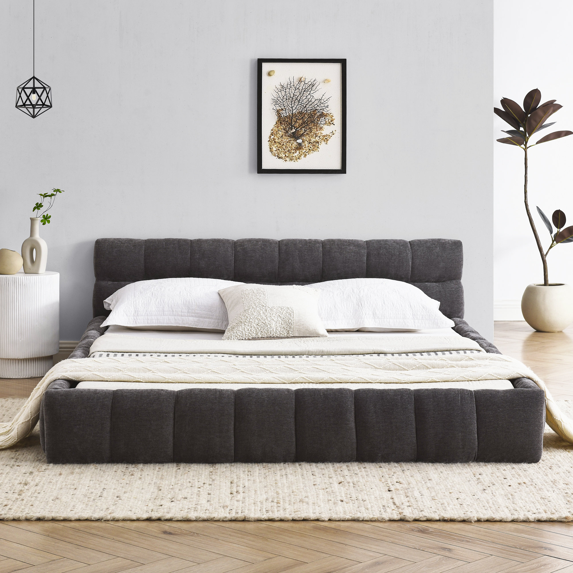 Latitude Run® Queen Size Bed Frame,Chenille Fabric Platform Bed,Dark ...