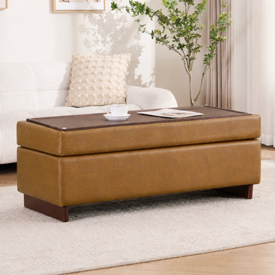 Modern Storage Ottoman Coffee Table with Reversible Wooden Tray Top, Upholstered Bench Ottoman with Hidden Storage for Living Room, Bedroom & Entryway