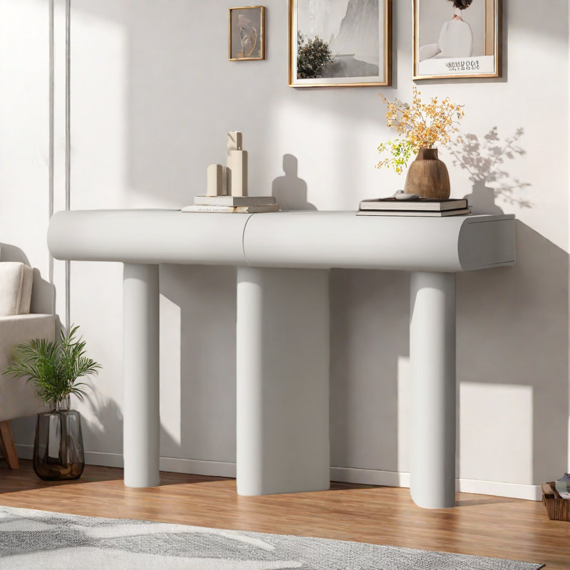 Modern Entryway Table With 2 Curved Drawers, White
