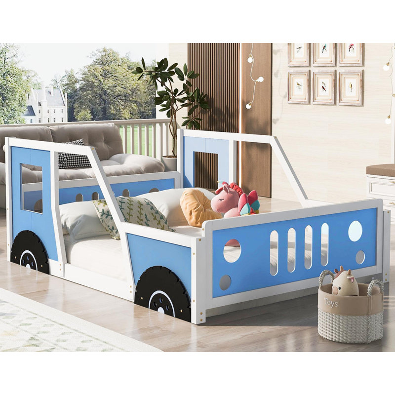 Lit plateforme en forme de voiture pleine grandeur, Lit double, Bleu / blanc