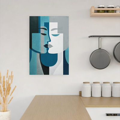 Tableau d'art mural contemporain romantique « Baiser bleu géométrique »