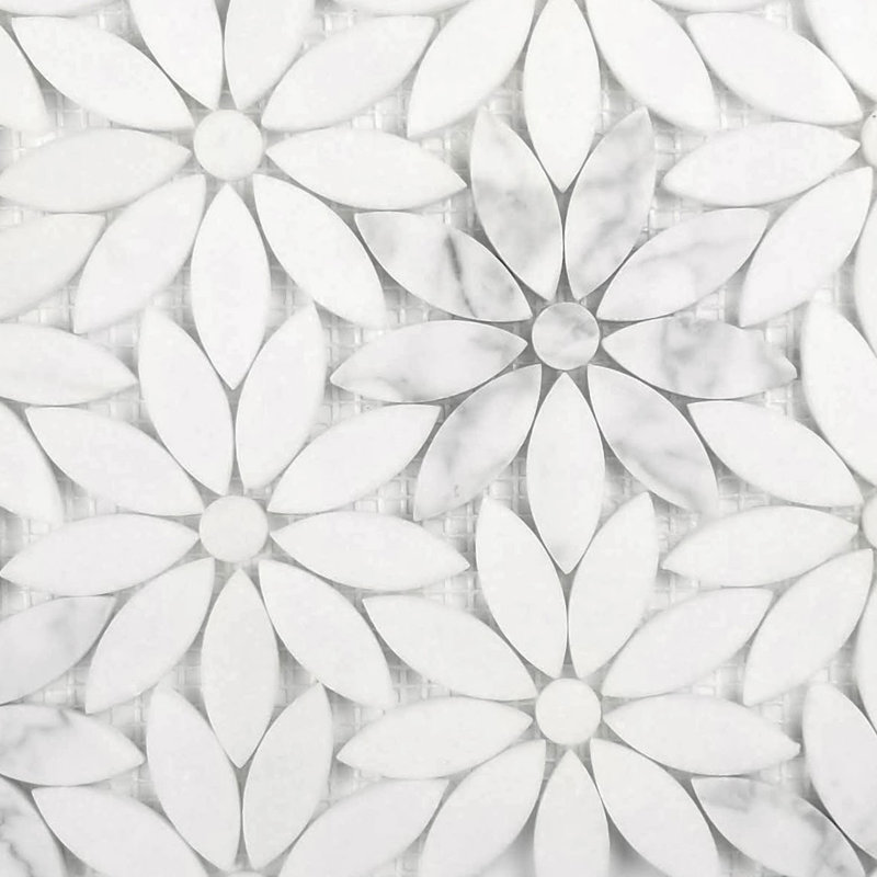 Tuscany 12 in. x 12 in. Marble Pressed Edge Flower Mosaic Decorative Kitchen & Bathroom Wall Tile, Calacatta White