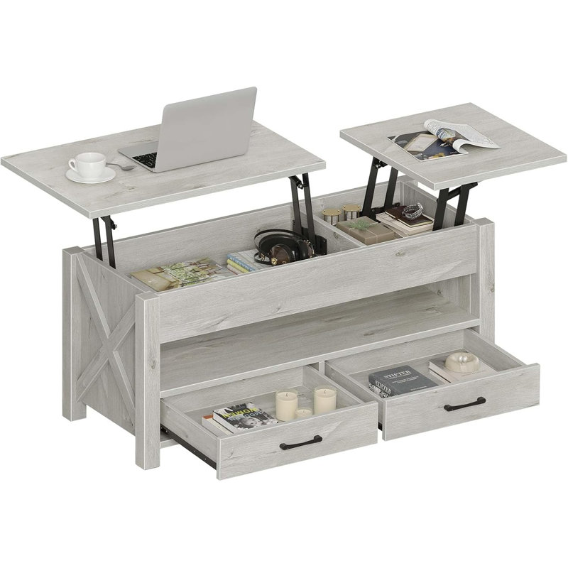 Table basse à plateau relevable avec tiroirs de rangement et compartiment caché, table de centre de ferme à double fonction avec hauteur réglable pour le salon