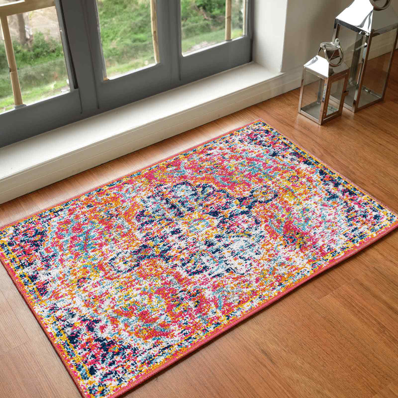 Charleston Power Loom White/Orange/Dark Blue Rug, Rectangle 60 x 91 cm