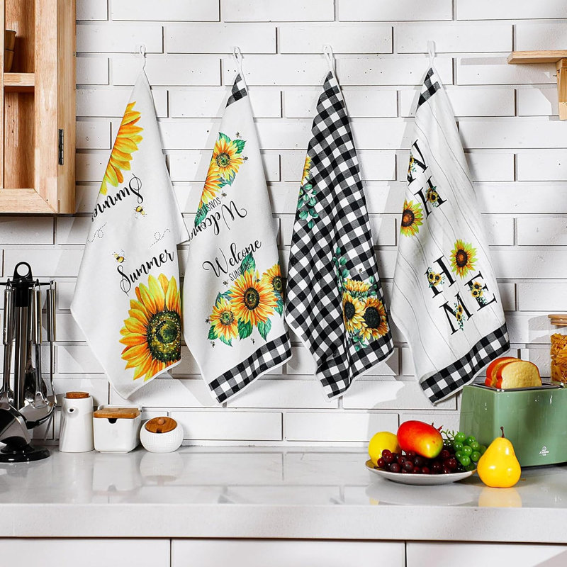 4 essuie-tout tournesol fleur de printemps été floral mer plage citron essuie-mains cuisine séchage rapide décor pour la cuisson (jaune, tournesol)