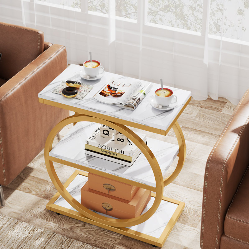 Marquille 3-Tier Manufactured Wood and Metal End Table with Round Frame , Gold/White