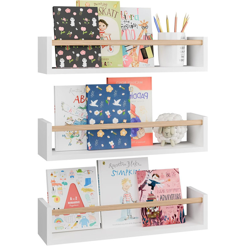 Floating Bookshelves For Wall Set Of 3, Nursery Shelves For Baby Room Decor, Solid Wood Wall Mounted Shelves For Books, Toys And Storage, Space-Saving Kids Shelves
