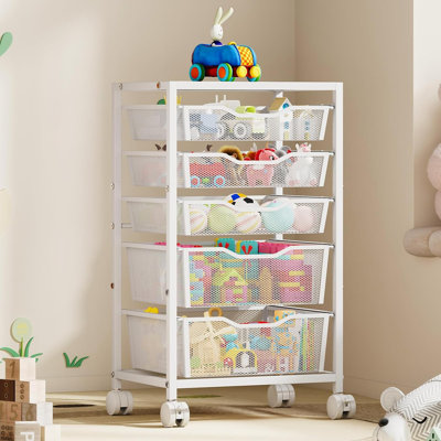 Rolling Storage Cart with 5 Drawers, Metal Utility Cart with Lockable Wheels, Craft Storage Art Cart, Rolling Drawer Cart for Living Room, Bedroom, Bathroom, Office, Home, White