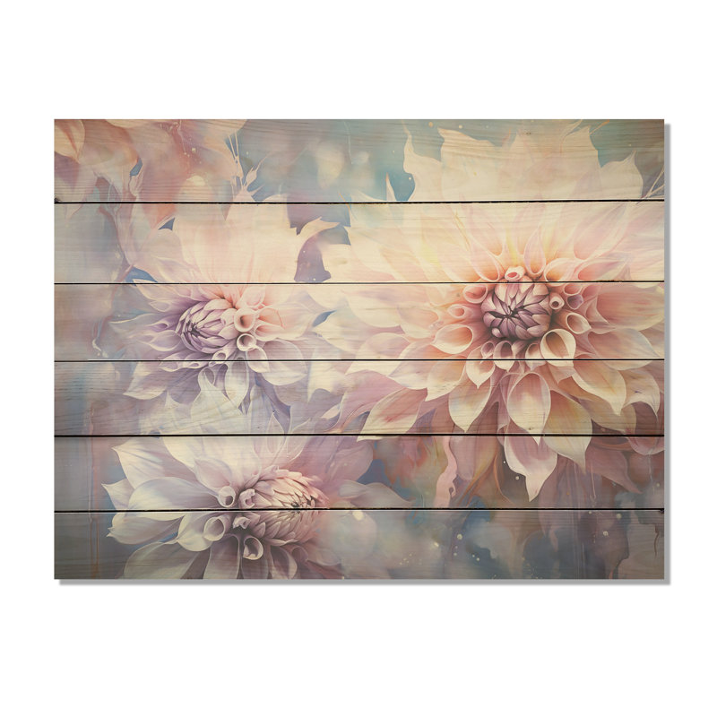 Rêves de dahlia moderne mauve - art mural en bois de dahlia sur bois de pin naturel, H 30 po x l 40 po