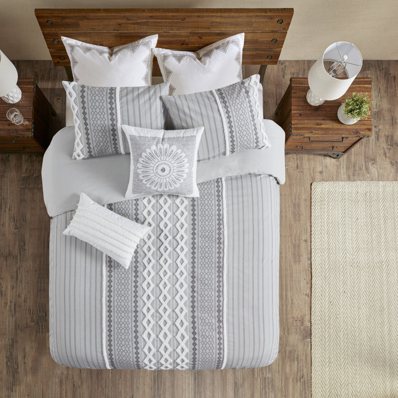 Ensemble d'édredon en coton Imani, Édredon double / grand + 2 taies décoratives sta, Gris