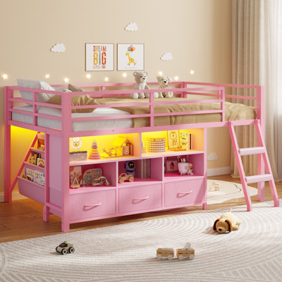 Twin Size Loft Bed With Led Lights,3 Storage Drawers, 3-Tier Kids Bookshelf, 5 Open Cubbies & Stairs, Low Metal Loft Bed Twin With 13.4In Guardrail, Space Saving