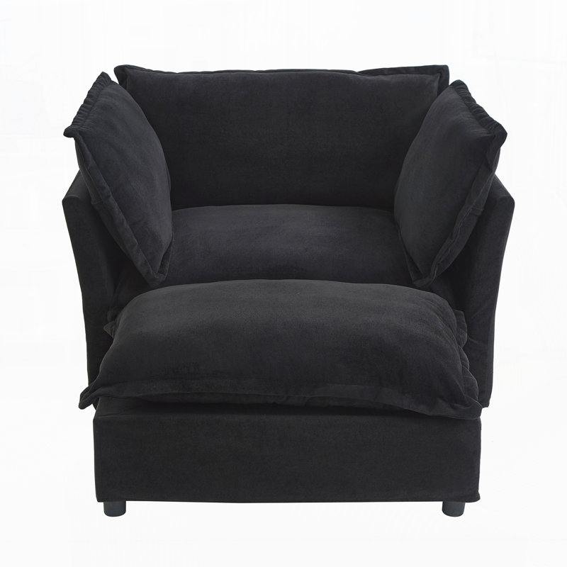 Chennova Modern Accent Chair With Movable Ottoman And Chenille Upholstery, Black