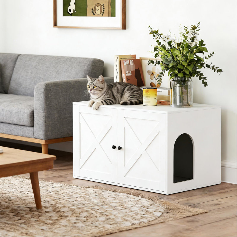Bac à litière polyvalent qui sert de table d'appoint, blanc, L 31,5 po x l 20,9 po H 19,7 po, minimise l'enclos d'odeurs avec une conception contemporaine et fonctionnelle, surface supérieure pour organiser des articles