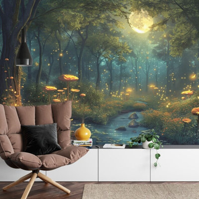 Magical Glowing Forest Wall Mural with Golden Mushrooms and Moonlit Stream for Home Decor
