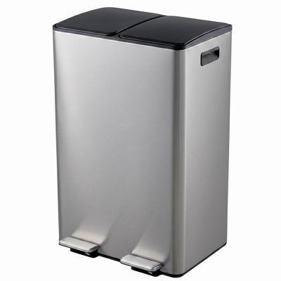 Dual Compartment Kitchen Trash & Recycling Bin 16 Gallon (2x8 Gal) – Stainless Steel Step-On, Soft Close Odor-Proof Lid, Removable Buckets, Rust-Resistant, Space-Saving – Silver