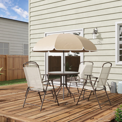 6 repas d'extérieur - beige. Parasol, table avec verre trempé, chaises pliantes pour meubles de patio beiges pour la cour, 4 tables rondes en verre, chaises. Pour les espaces de divertissement