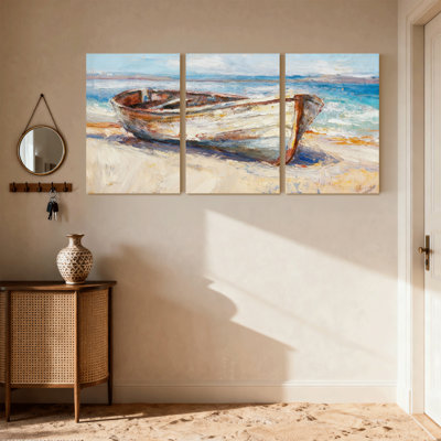 Nautique et plage, bateau sur la plage avec fond océan, ensemble de 3 impressions d'art sur toile