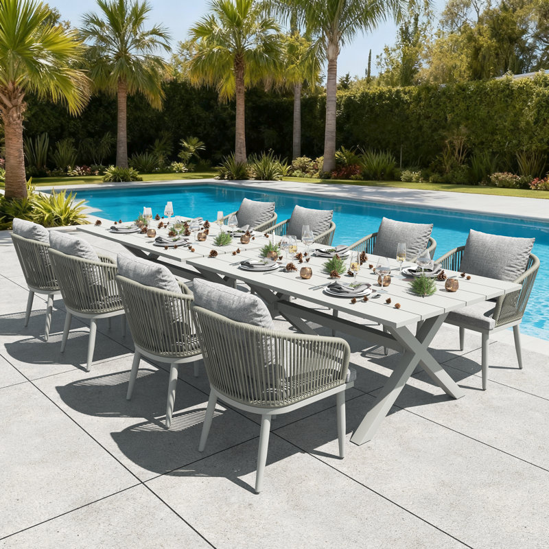 10 Pieces Outdoor Dining Set Woven Rope Wicker Patio Dining Set With Rectangular Aluminum Table And Modern Armrest Dining Chairs