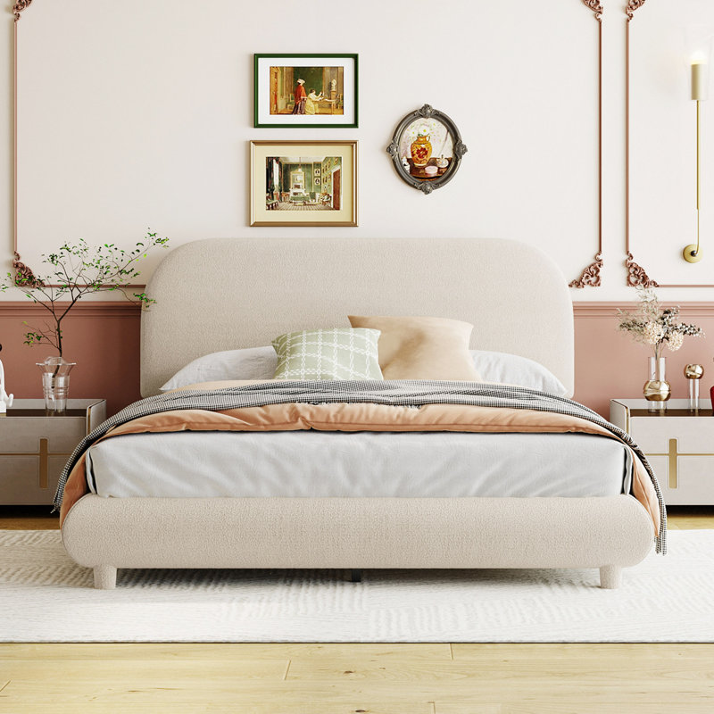 Lit plateforme en tissu d'ameublement Teddy, Beige, Lit double