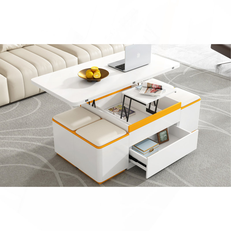 Table basse à plateau relevable avec tabourets de rangement, table centrale moderne avec plateau pliable, table basse réglable multifonctionnelle pour le salon