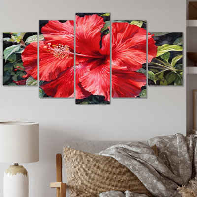 «Red Tropical Hibiscus Harmony I» sur toile, reproduction de 5 pièces